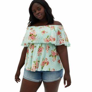 BNWT Torrid Off the Shoulder Green Floral Swiss Dot Smocked Ruffle Top Sz 1